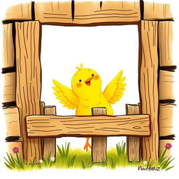 A cheerful scene of a cute little yellow chick happily flapping its wings inside a rustic farm fence