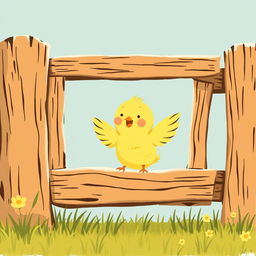 A cheerful scene of a cute little yellow chick happily flapping its wings inside a rustic farm fence