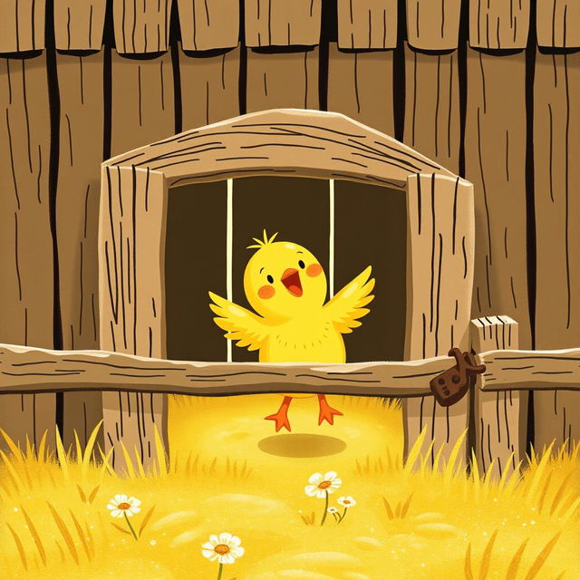 A cheerful scene of a cute little yellow chick happily flapping its wings inside a rustic farm fence