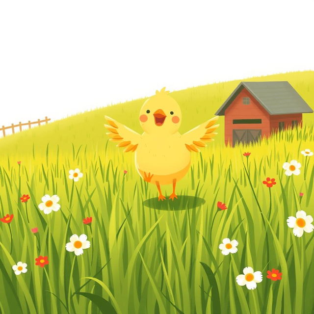 A joyful scene of a cute little yellow chick happily flapping its wings in a lush green farm meadow