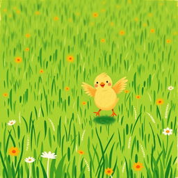 A joyful scene of a cute little yellow chick happily flapping its wings in a lush green farm meadow