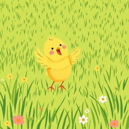 A joyful scene of a cute little yellow chick happily flapping its wings in a lush green farm meadow