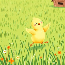A joyful scene of a cute little yellow chick happily flapping its wings in a lush green farm meadow