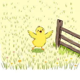 A charming scene of a cute little yellow chick joyfully flapping its wings in a green farm meadow, with a rustic fence nearby