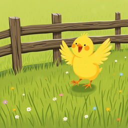 A charming scene of a cute little yellow chick joyfully flapping its wings in a green farm meadow, with a rustic fence nearby