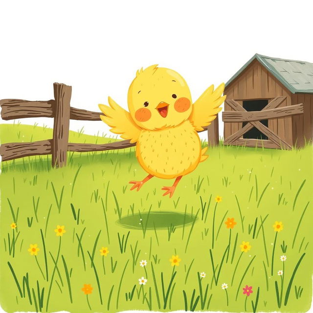 A charming scene of a cute little yellow chick joyfully flapping its wings in a green farm meadow, with a rustic fence nearby