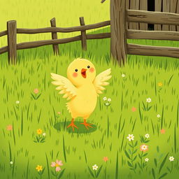 A charming scene of a cute little yellow chick joyfully flapping its wings in a green farm meadow, with a rustic fence nearby