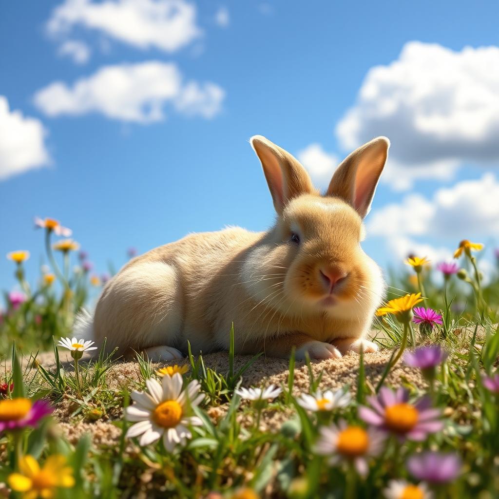 A cute bunny sunbathing on a soft patch of grass, eyes closed and ears relaxed