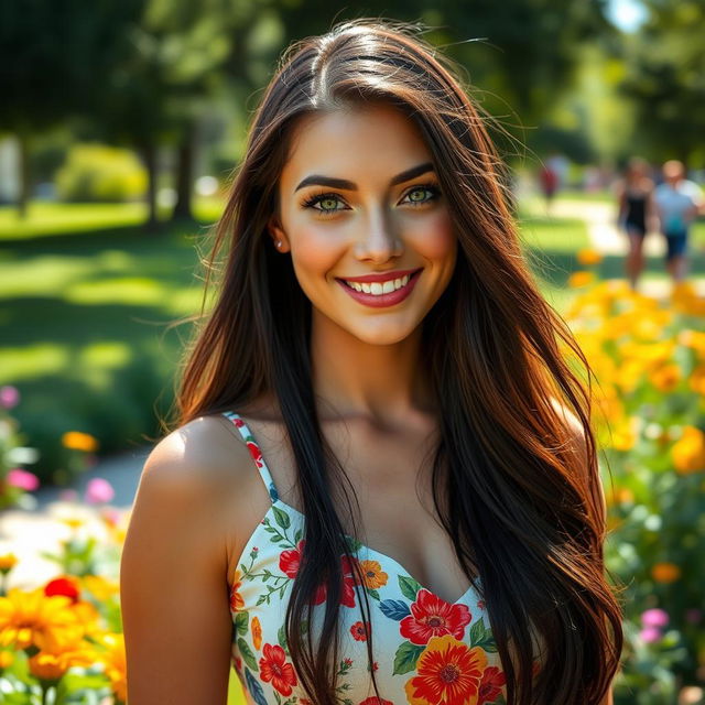 A portrait of a stunning woman named Georgia Rodriguez, featuring long flowing dark hair, captivating green eyes, and a radiant smile