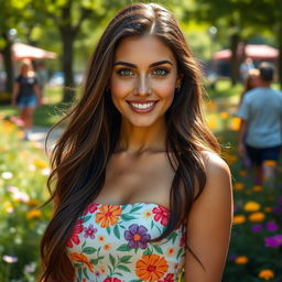 A portrait of a stunning woman named Georgia Rodriguez, featuring long flowing dark hair, captivating green eyes, and a radiant smile