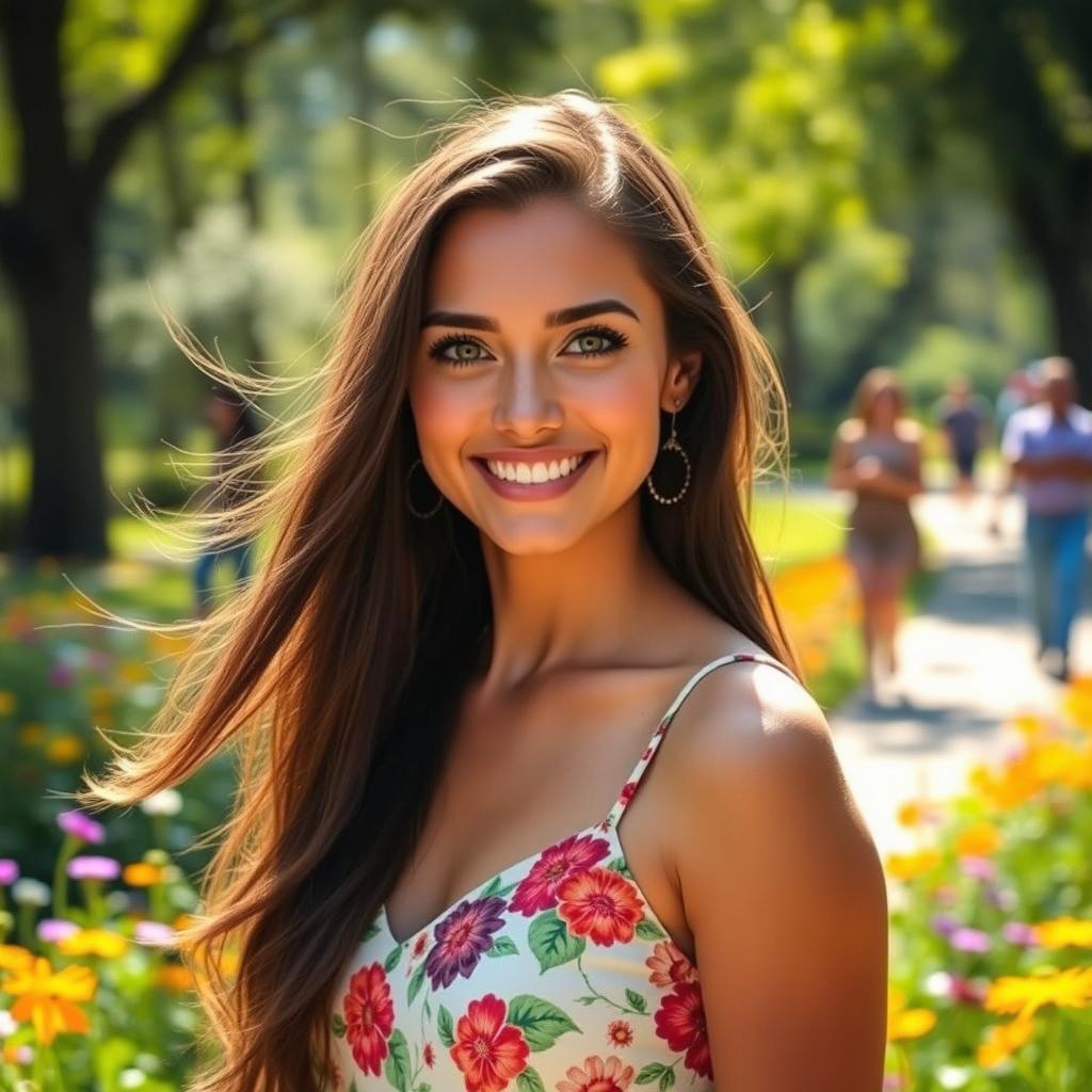 A portrait of a stunning woman named Georgia Rodriguez, featuring long flowing dark hair, captivating green eyes, and a radiant smile