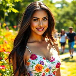 A portrait of a stunning woman named Georgia Rodriguez, featuring long flowing dark hair, captivating green eyes, and a radiant smile