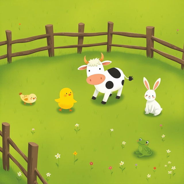 A delightful scene featuring a cute little yellow chick, a friendly cow, an adorable little white rabbit, and a small green frog all playing together in a green farm meadow