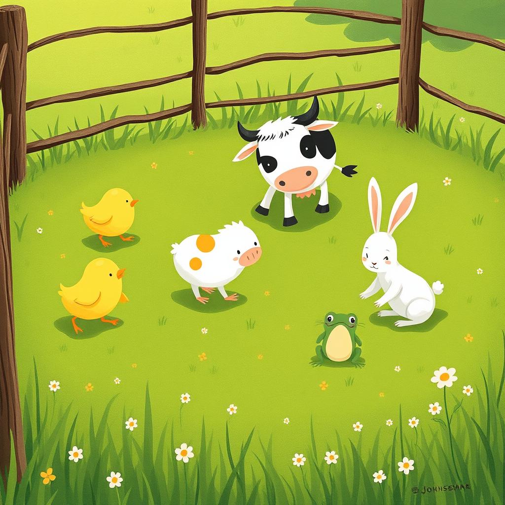 A delightful scene featuring a cute little yellow chick, a friendly cow, an adorable little white rabbit, and a small green frog all playing together in a green farm meadow
