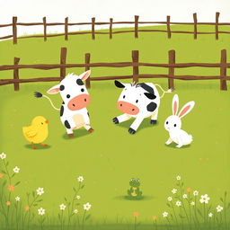 A delightful scene featuring a cute little yellow chick, a friendly cow, an adorable little white rabbit, and a small green frog all playing together in a green farm meadow