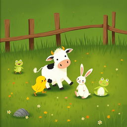 A delightful scene featuring a cute little yellow chick, a friendly cow, an adorable little white rabbit, and a small green frog all playing together in a green farm meadow