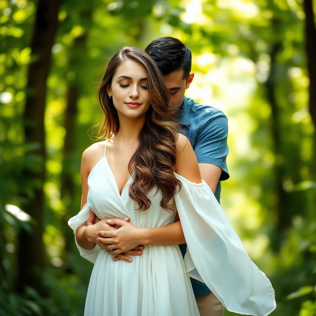 A serene and intimate scene of a woman standing in a lush green forest, wearing a flowing white dress, with sunlight filtering through the leaves