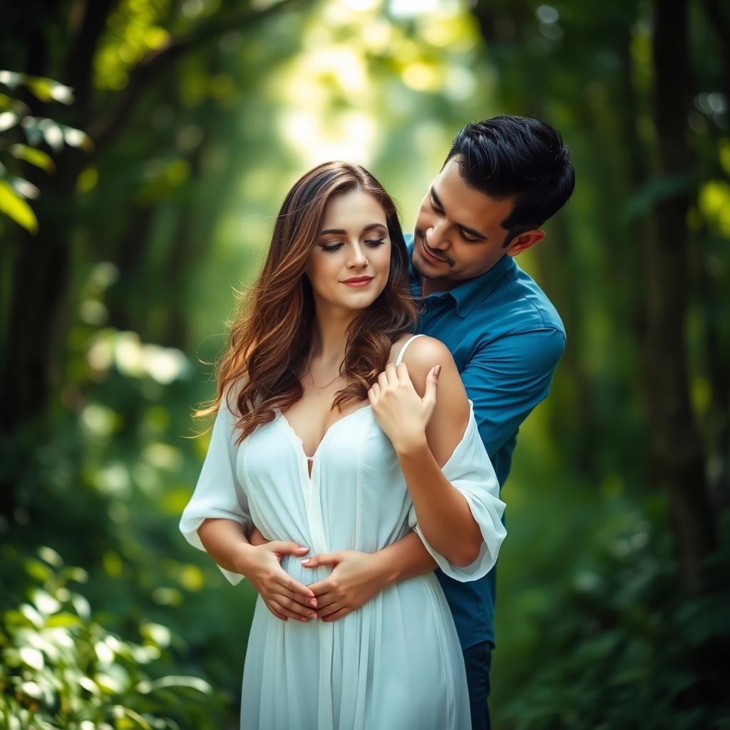 A serene and intimate scene of a woman standing in a lush green forest, wearing a flowing white dress, with sunlight filtering through the leaves