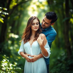 A serene and intimate scene of a woman standing in a lush green forest, wearing a flowing white dress, with sunlight filtering through the leaves
