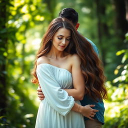 A serene and intimate scene of a woman standing in a lush green forest, wearing a flowing white dress, with sunlight filtering through the leaves
