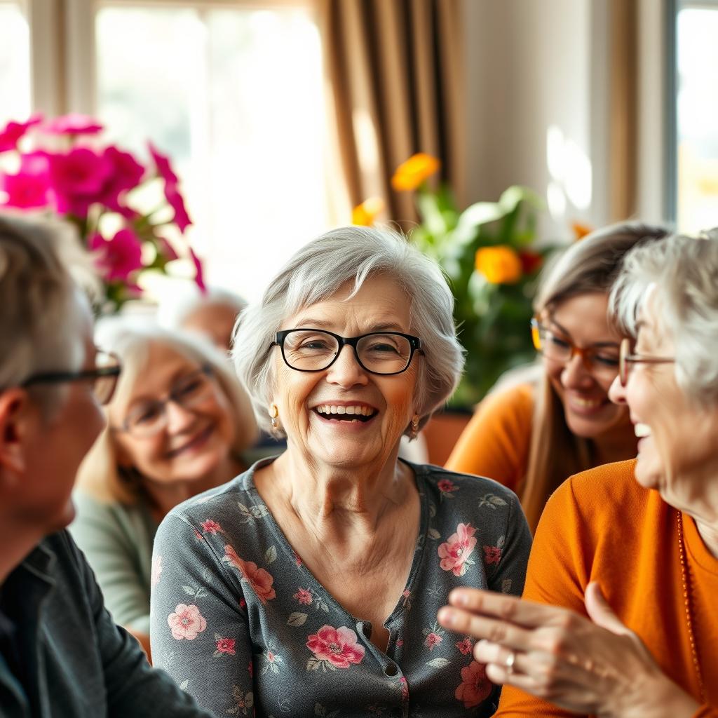 A joyful elderly woman with gray hair and stylish glasses, surrounded by her friends and family in a warm and inviting setting