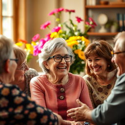 A joyful elderly woman with gray hair and stylish glasses, surrounded by her friends and family in a warm and inviting setting