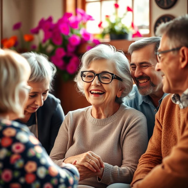 A joyful elderly woman with gray hair and stylish glasses, surrounded by her friends and family in a warm and inviting setting
