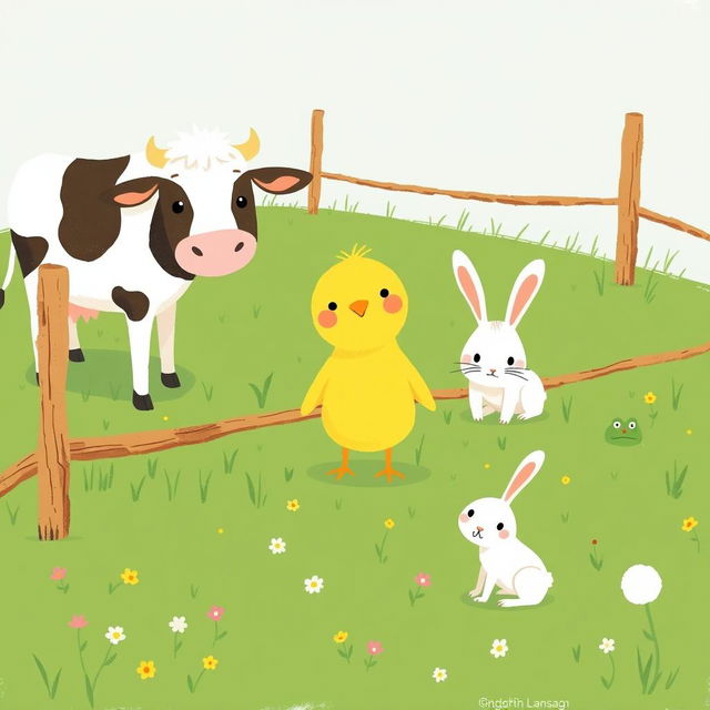 A delightful scene featuring a cute little yellow chick happily standing alongside a friendly cow, an adorable little white rabbit, and a small green frog in a green farm meadow