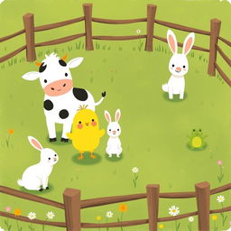 A delightful scene featuring a cute little yellow chick happily standing alongside a friendly cow, an adorable little white rabbit, and a small green frog in a green farm meadow