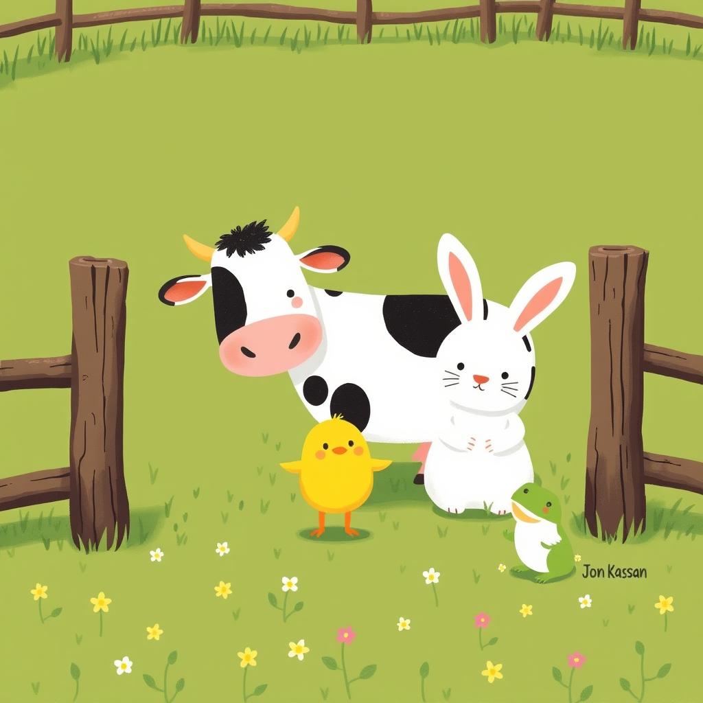 A delightful scene featuring a cute little yellow chick happily standing alongside a friendly cow, an adorable little white rabbit, and a small green frog in a green farm meadow