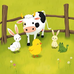 A delightful scene featuring a cute little yellow chick happily standing alongside a friendly cow, an adorable little white rabbit, and a small green frog in a green farm meadow