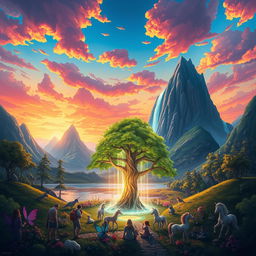 A vibrant digital illustration showcasing a fantastical landscape known as Dantax
