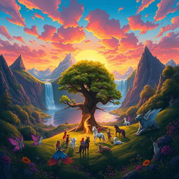 A vibrant digital illustration showcasing a fantastical landscape known as Dantax