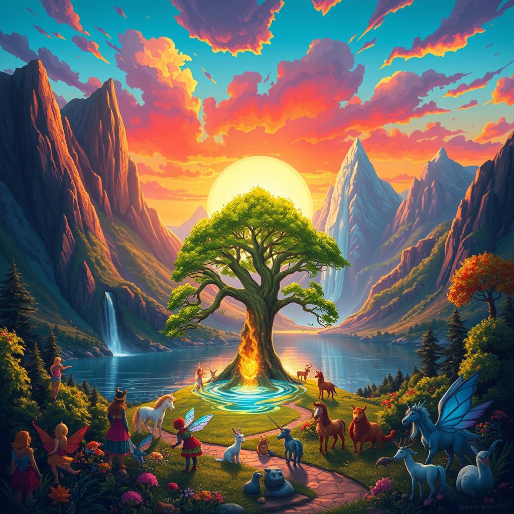 A vibrant digital illustration showcasing a fantastical landscape known as Dantax