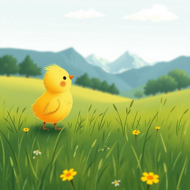 A delightful scene of a cute little yellow chick happily standing in a green farm meadow, gazing at the distant mountains in the background