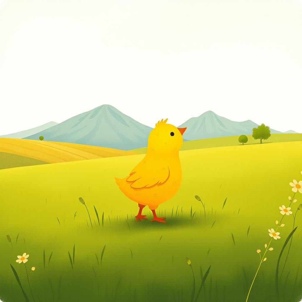 A delightful scene of a cute little yellow chick happily standing in a green farm meadow, gazing at the distant mountains in the background