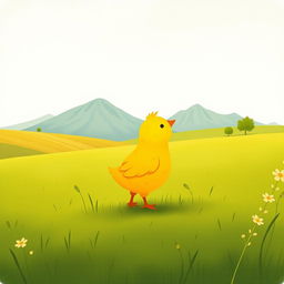 A delightful scene of a cute little yellow chick happily standing in a green farm meadow, gazing at the distant mountains in the background