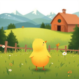 A delightful scene of a cute little yellow chick happily standing in a green farm meadow, gazing at the distant mountains in the background