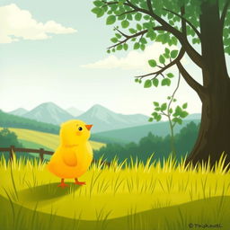 A delightful scene of a cute little yellow chick happily standing in a green farm meadow, gazing at the distant mountains in the background