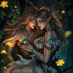A highly detailed, artistic scene featuring fantasy characters in an intimate and suggestive atmosphere, showcasing expressive facial features and dynamic poses