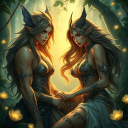 A highly detailed, artistic scene featuring fantasy characters in an intimate and suggestive atmosphere, showcasing expressive facial features and dynamic poses