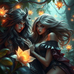 A highly detailed, artistic scene featuring fantasy characters in an intimate and suggestive atmosphere, showcasing expressive facial features and dynamic poses