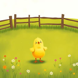 A charming scene featuring a confident little yellow chick proudly standing in a green farm meadow