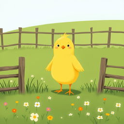 A charming scene featuring a confident little yellow chick proudly standing in a green farm meadow