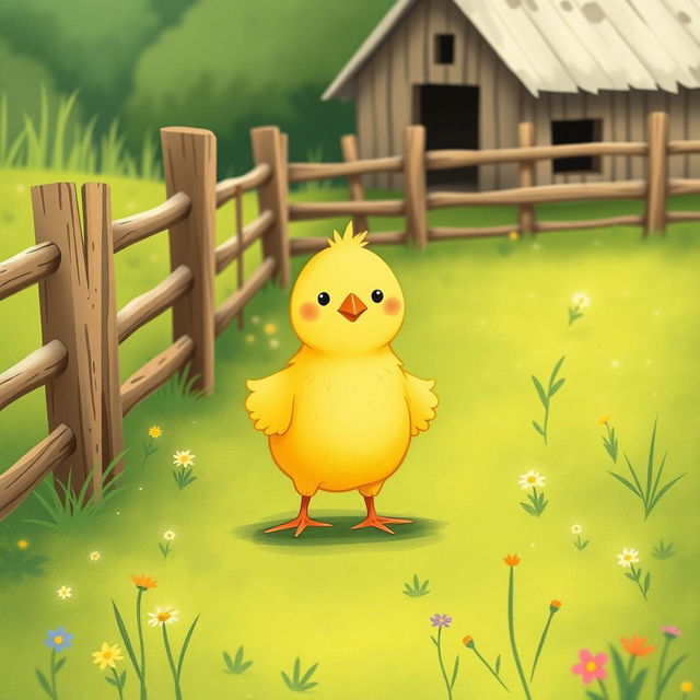 A charming scene featuring a confident little yellow chick proudly standing in a green farm meadow