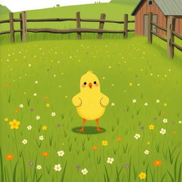 A charming scene featuring a confident little yellow chick proudly standing in a green farm meadow