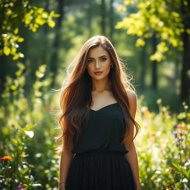 A woman standing in a beautifully lit forest, sunlight streaming through the leaves, her long hair flowing elegantly around her shoulders