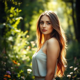 A woman standing in a beautifully lit forest, sunlight streaming through the leaves, her long hair flowing elegantly around her shoulders