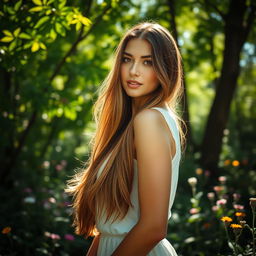 A woman standing in a beautifully lit forest, sunlight streaming through the leaves, her long hair flowing elegantly around her shoulders