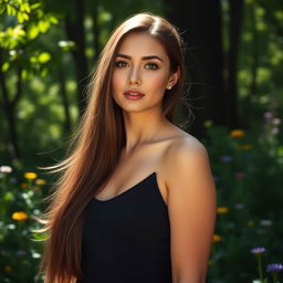 A woman standing in a beautifully lit forest, sunlight streaming through the leaves, her long hair flowing elegantly around her shoulders